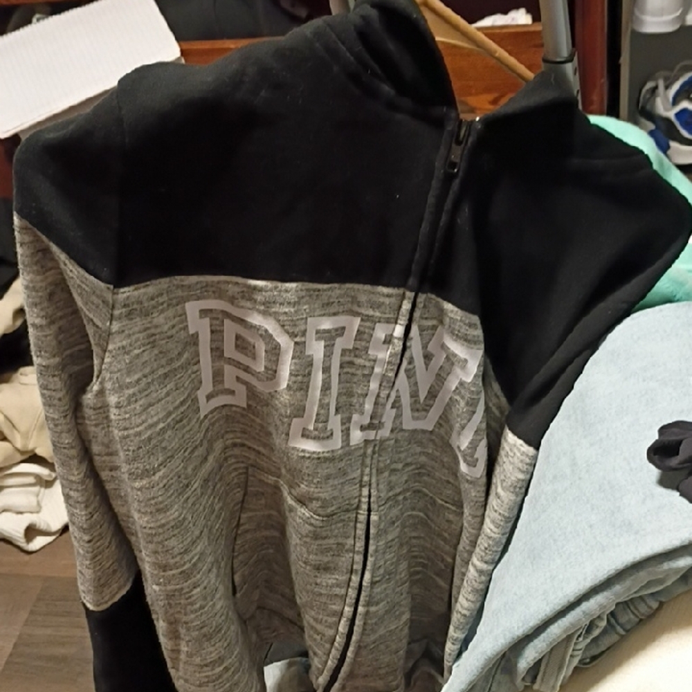 PINK Victoria's Secret Men's Zip-Up Sweater in Black and Gray